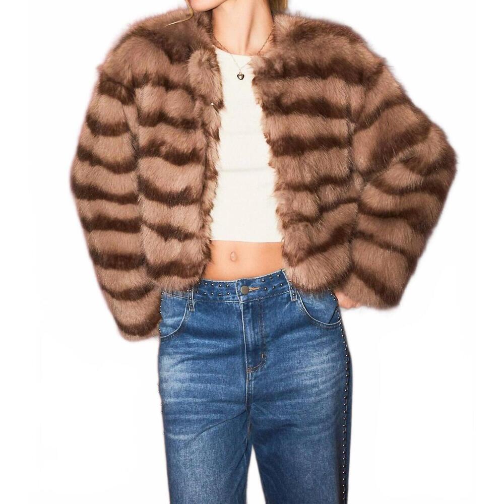 NEW LE LIS evie faux fur crop coat in mocha-brown stripe